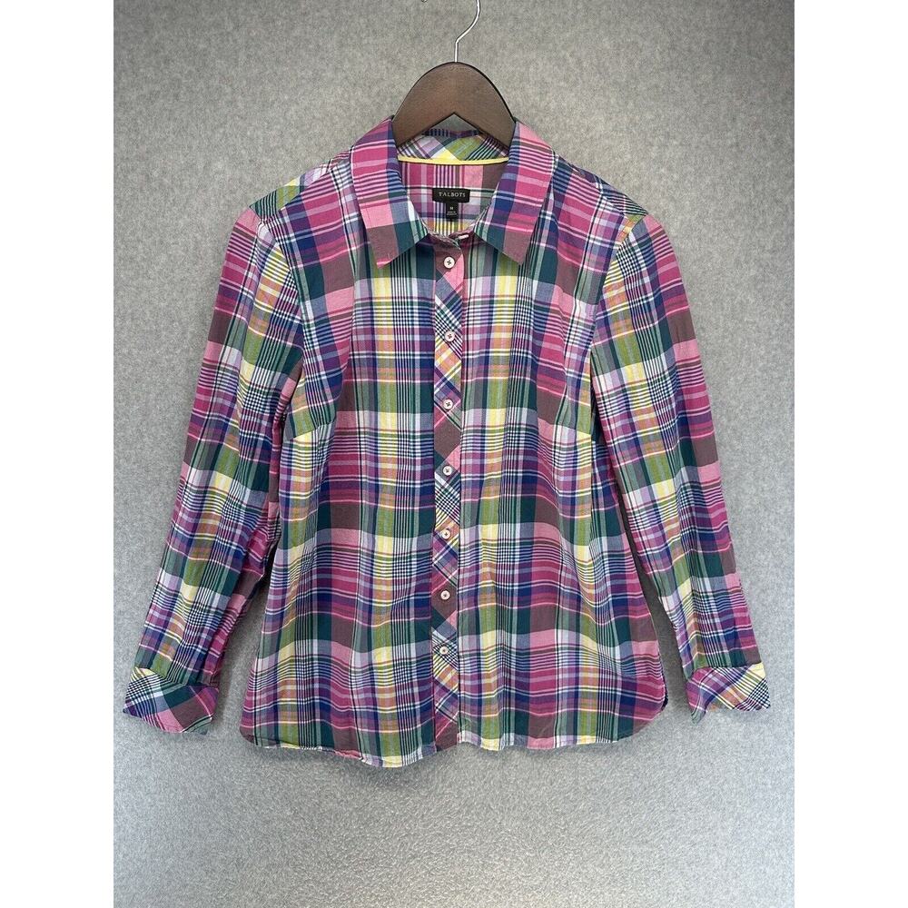Talbots Womens Shirt Button Up Size Medium Pink Plaid Collared Long Sleeve Light